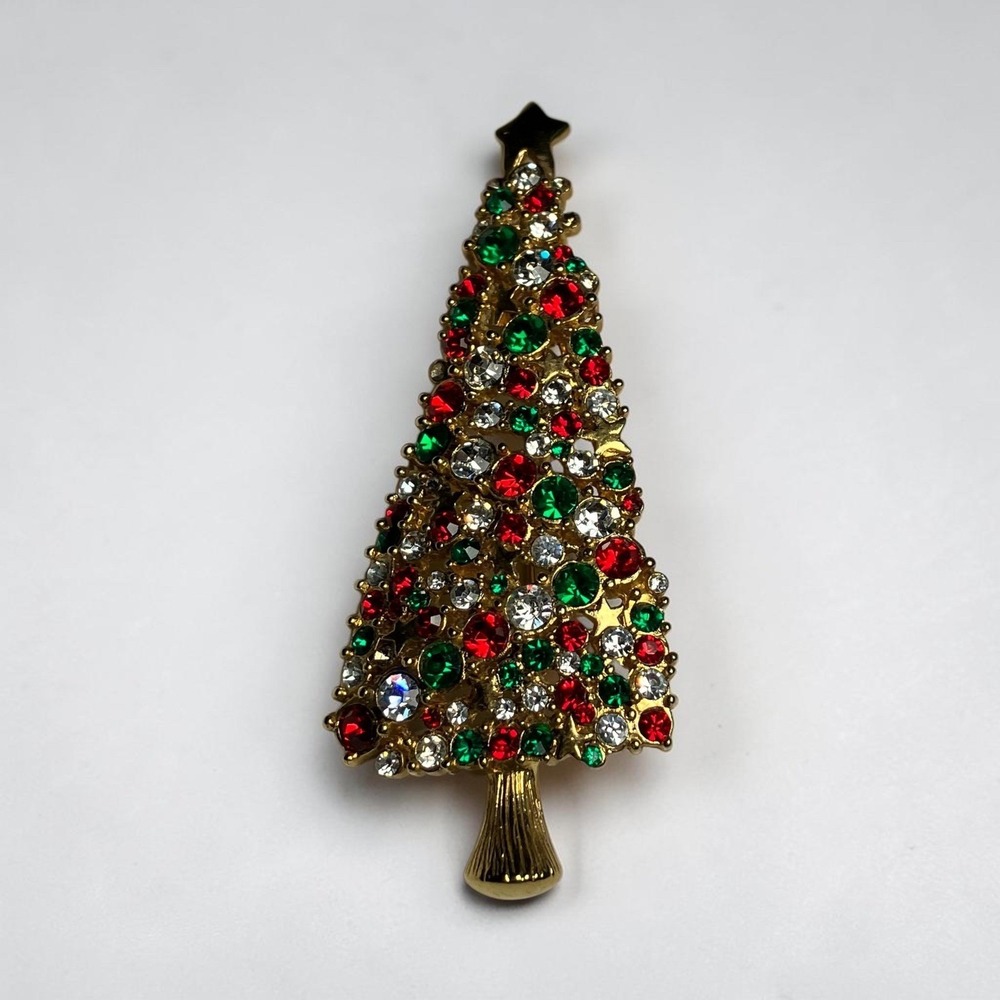 Sparkling Christmas Tree Brooch Pin‎ Red Rhinestones Gold Tone Festive Holiday